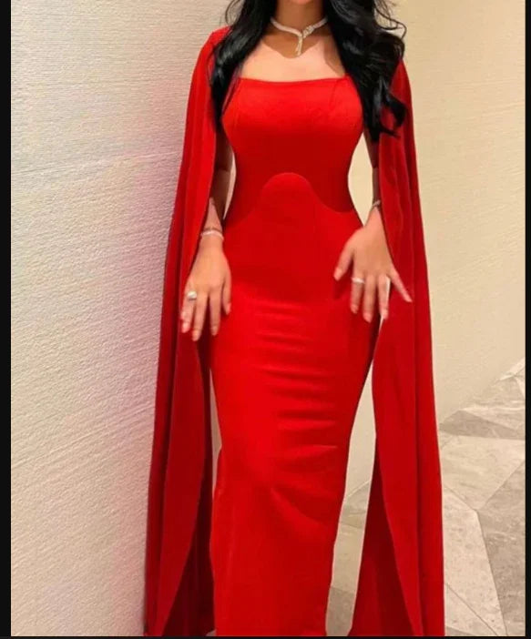 Woman in elegant red cape sleeve evening gown, ZAPDRESS formal dress fashion