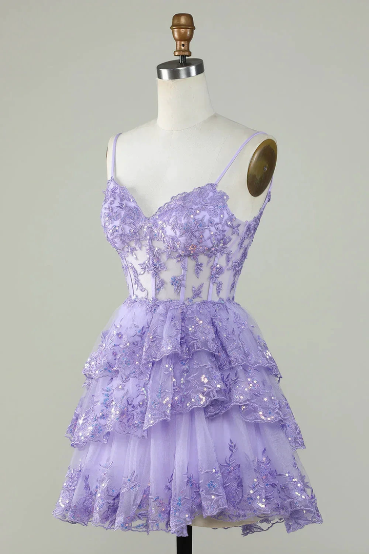 Straps Lavender Sequins Corset Layered Homecoming Dress Y2907 by simplepromdress