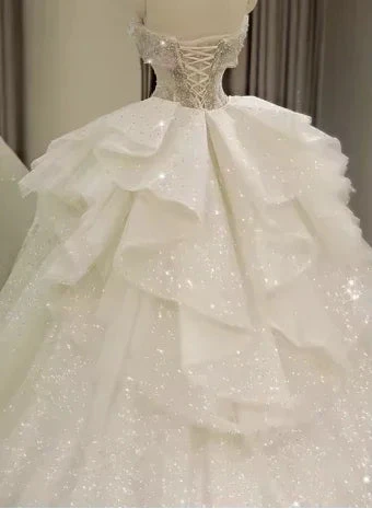 Off Shoulder Wedding Dresses, Large Trailing Princess Tail Dress, Backless White Wedding Dress Y6868 by simplepromdress