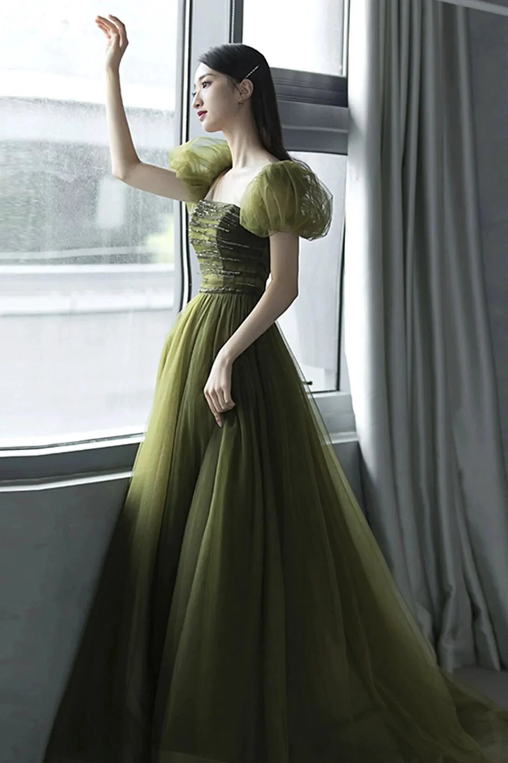 Green tulle long prom dress green evening dress Y623 by simplepromdress