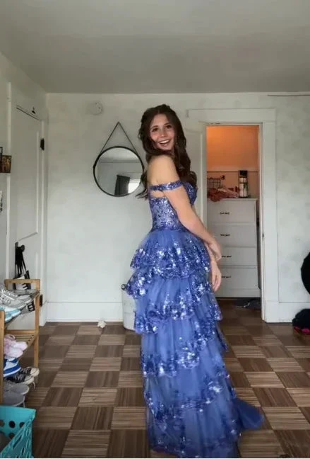 Sparkly Blue Tulle Sequins Layered Evening Dress Formal Slit Prom Dress Y7961 by simplepromdress