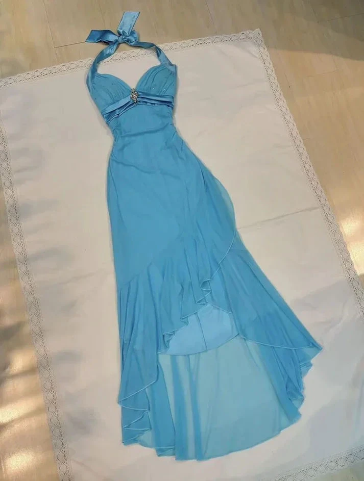 Charming Blue Halter Chiffon Sequins Prom Dress Ruffles Mermaid Party Evening Dress Y8067 by simplepromdress