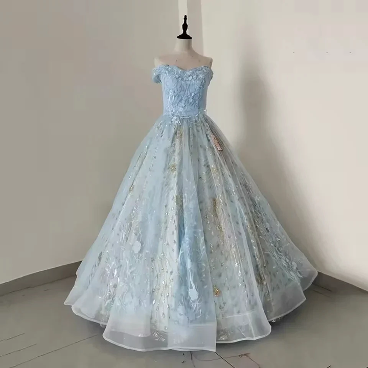 Light Blue Off The Shoulder Tulle Lace Appliques Princess Dresses Glitter Ball Gown Y8129 by simplepromdress