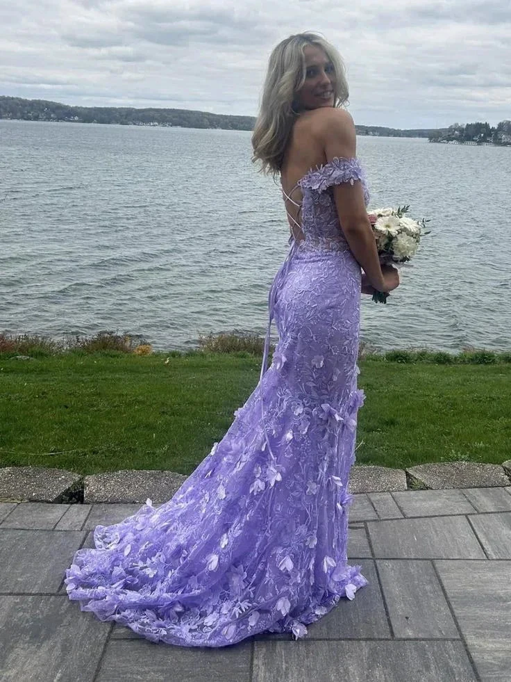 Gorgeous Off-Shoulder V-Neck Lace Appliques Mermaid Prom Dress Slit Birthday Evening Gown Y7934 by simplepromdress