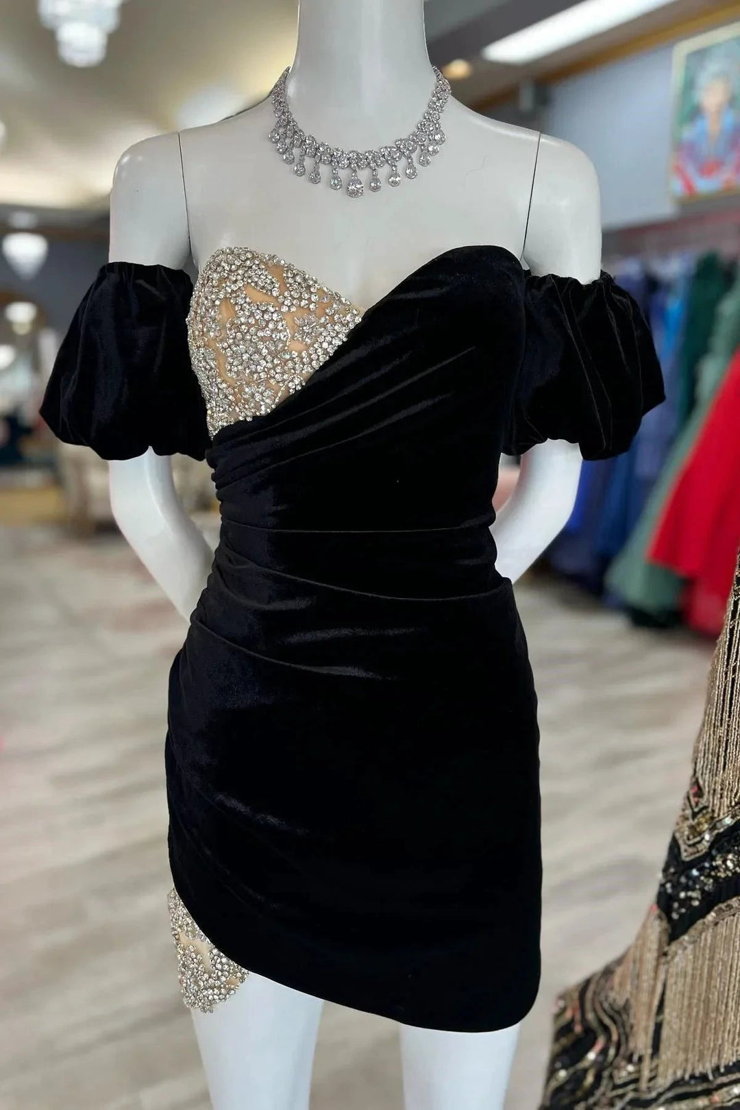 Black Velvet Sweetheart Beaded Short Cocktail Dress by KissProm