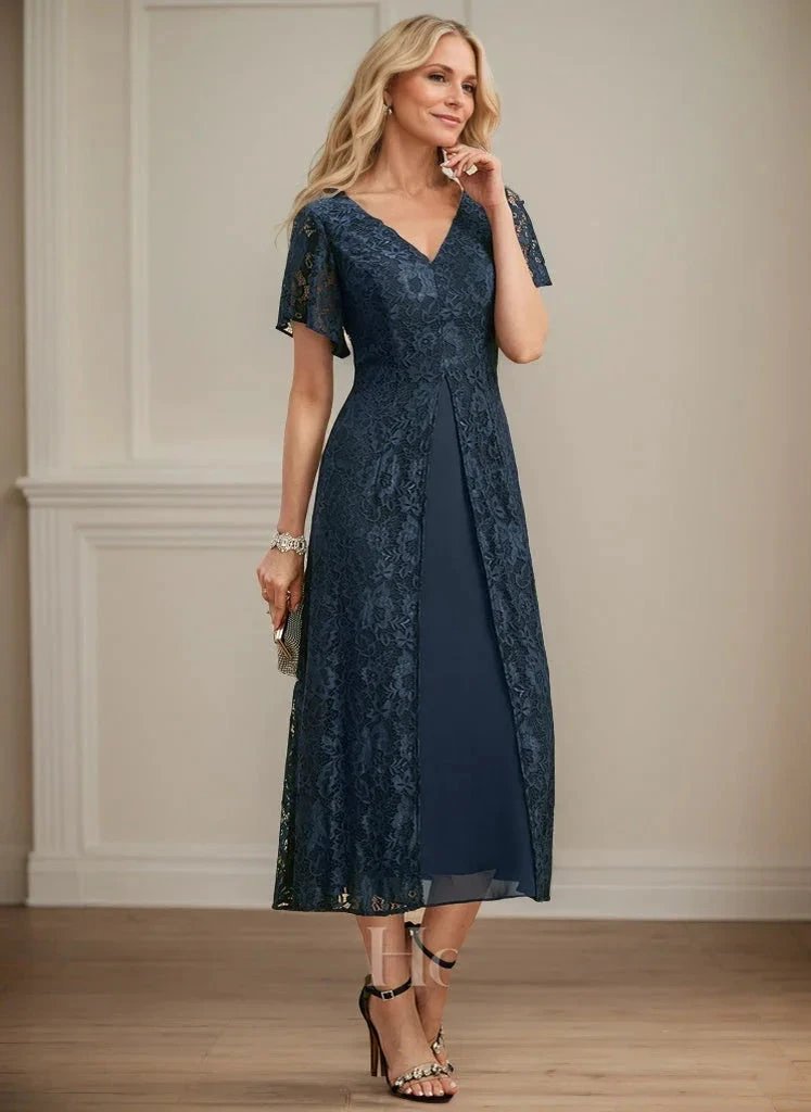 A-line V-Neck Tea-Length Lace Chiffon Mother of the Bride Dress by Dreamylily