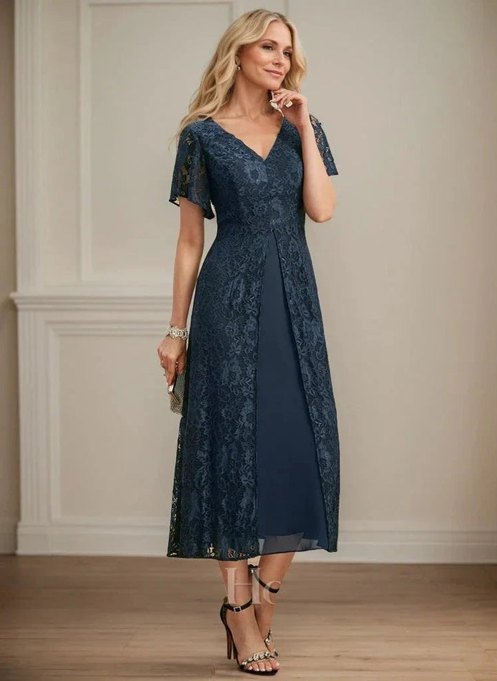 A-line V-Neck Tea-Length Lace Chiffon Mother of the Bride Dress by Dreamylily