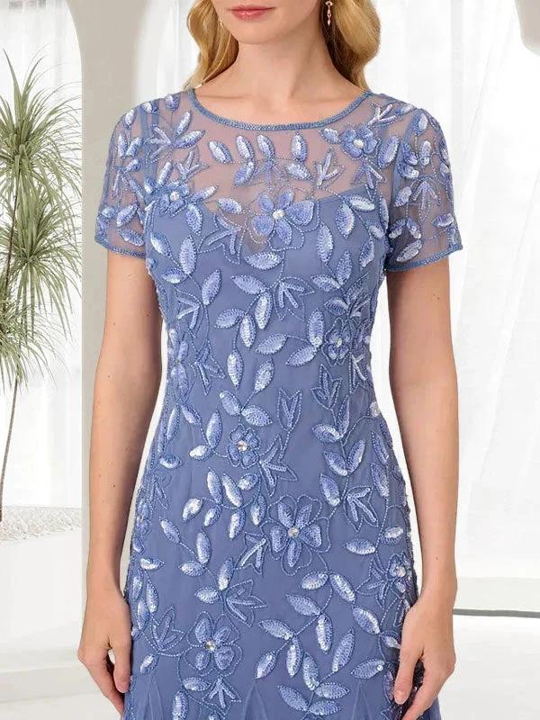 Blue Mermaid Round Neck Long Mother of the Bride Dress With Beadings by Dreamylily