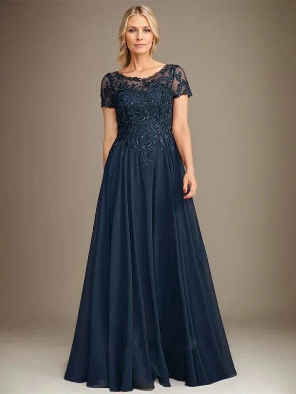 A-Line Scoop Floor-Length Chiffon Mother of the Bride Dress With Applique &amp; Sequins by Dreamylily