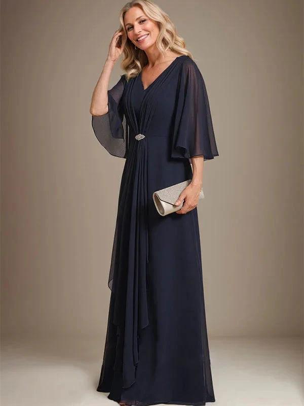 A-line V-Neck Floor-Length Chiffon Mother of the Bride Dress With Cascading Ruffles Crystal Brooch by Dreamylily