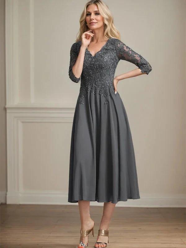 A-line V-Neck Tea-Length Chiffon Lace Mother of the Bride Dress With Beading Sequins by Dreamylily
