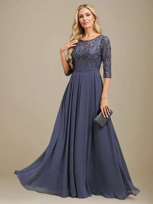 A-Line Scoop Floor-Length Lace Chiffon Mother Of the Bride Dress With Sequins Applique by Dreamylily