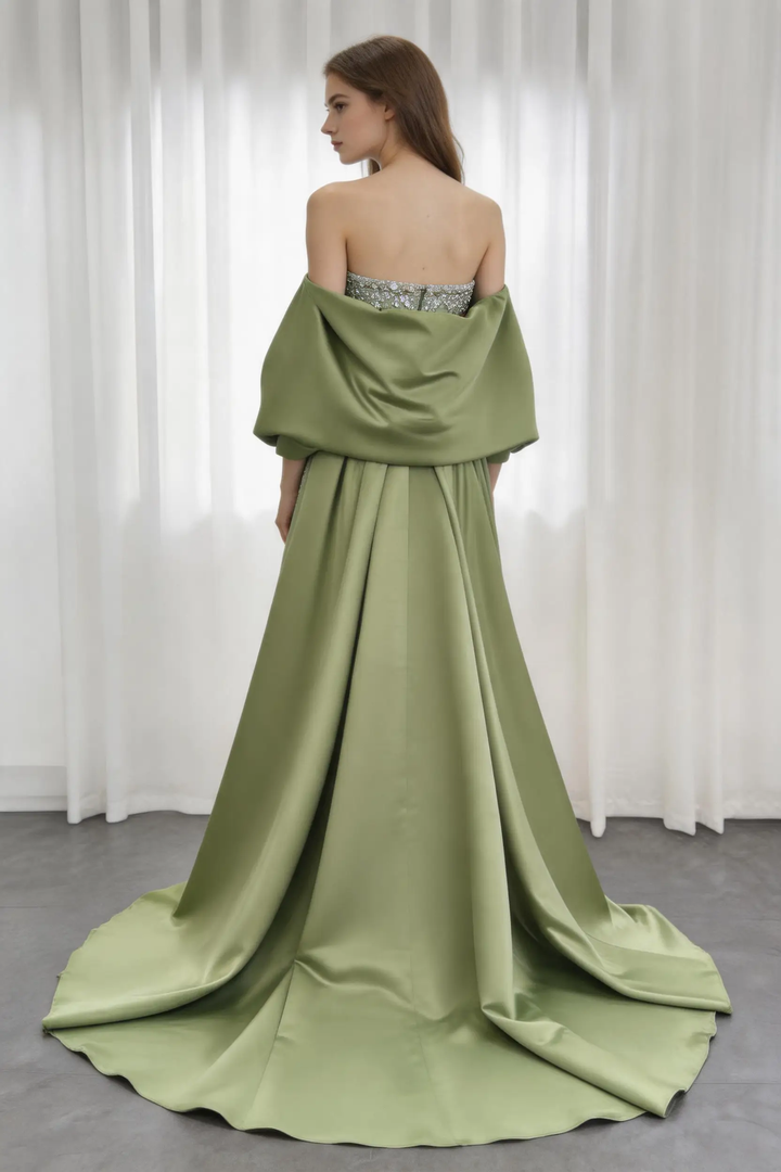 Sage Green Strapless Beaded Evening Gown with Oversized Satin Shawl and Court Train by simplepromdress