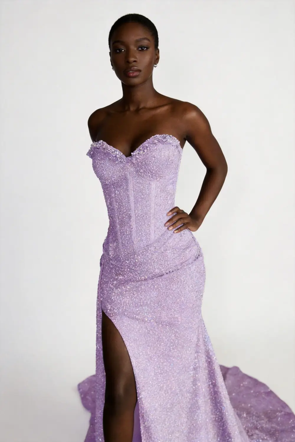 Lavender Sequin Strapless Sweetheart Mermaid Prom Dress with High Slit &amp; Train by tangjianjun
