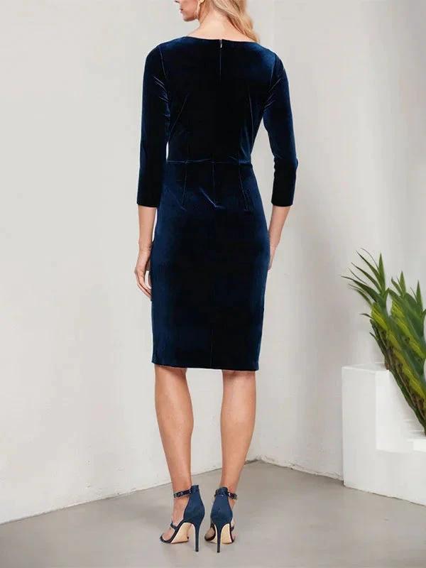 Short Velvet Sheath Dress with Surplice Neckline, Cascade Skirt and Embellishment Detail at Hip by Dreamylily
