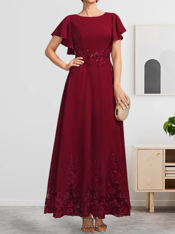 Abito da madre della sposa in chiffon di pizzo con scollo a U, lunghezza alla caviglia, linea a trapezio, con paillettes