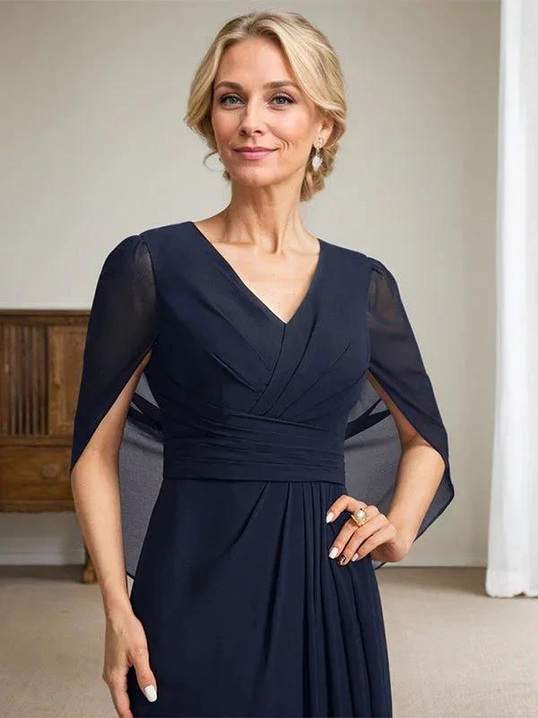 Dark Navy A-Line V-Neck Long Mother of Bride Dress by Dreamylily