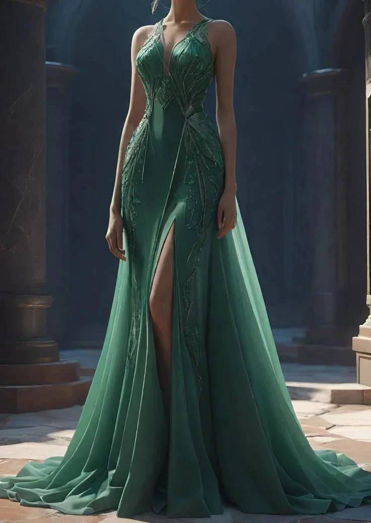 Gorgeous Green Satin Chiffon Appliques Evening Dress Mermaid Long Prom Dress Y8367 by simplepromdress