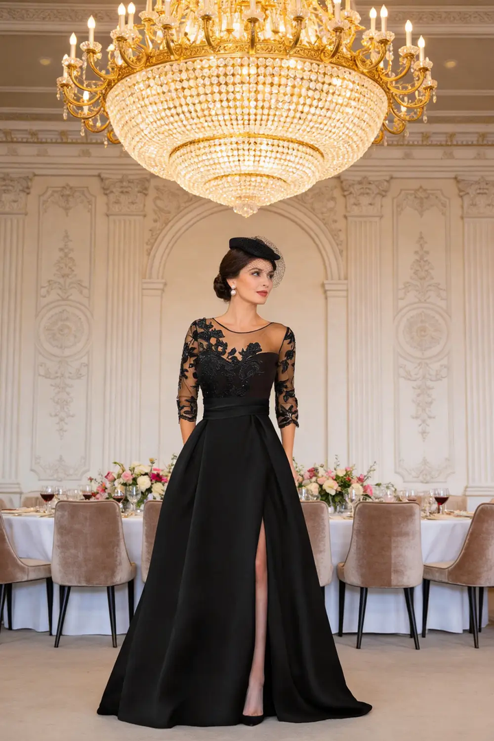 Black Lace Illusion Neck Satin Evening Gown, High Slit Mother of the Bride Dress by tangjianjun