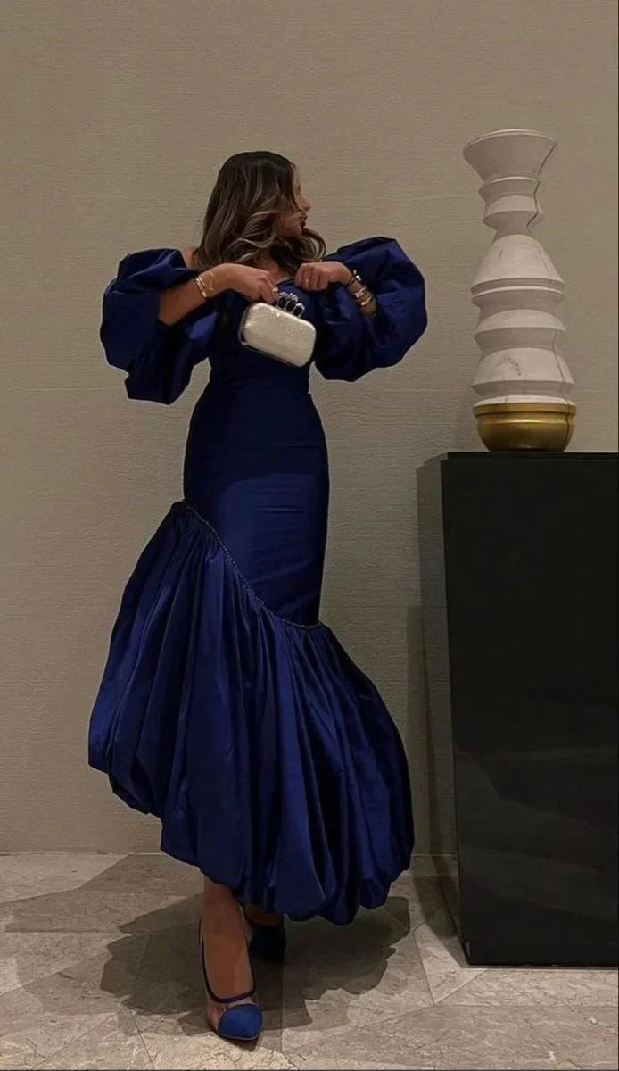 Unique Puff Sleeves Blue Pleated Mermaid Evening Dress Formal Prom Dress Y7789 by simplepromdress