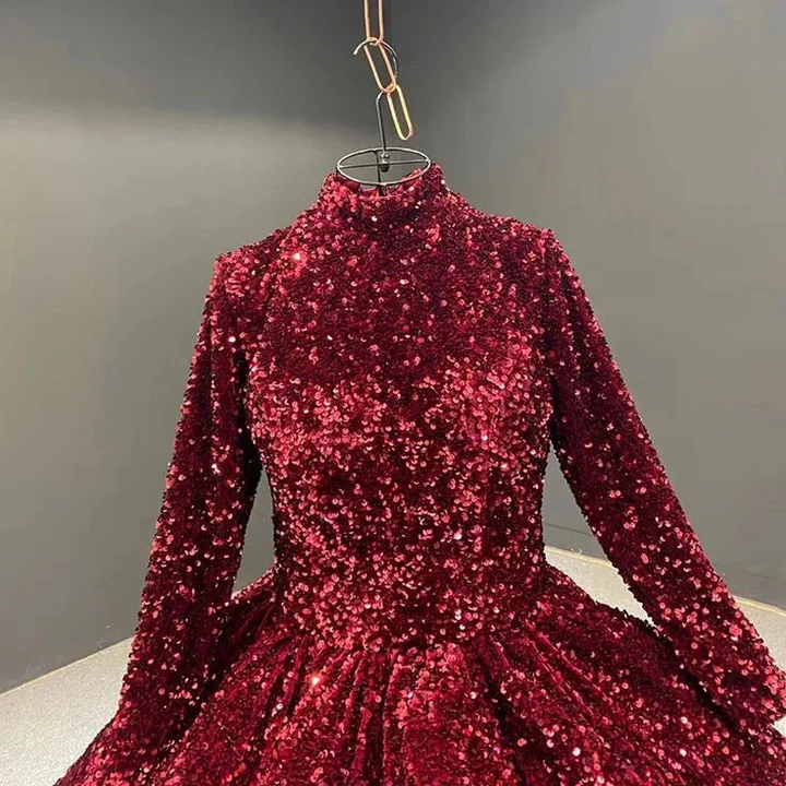 Burgundy Ball Gown Sequin Long Sleeve Quinceanera Dresses Y4442 by simplepromdress