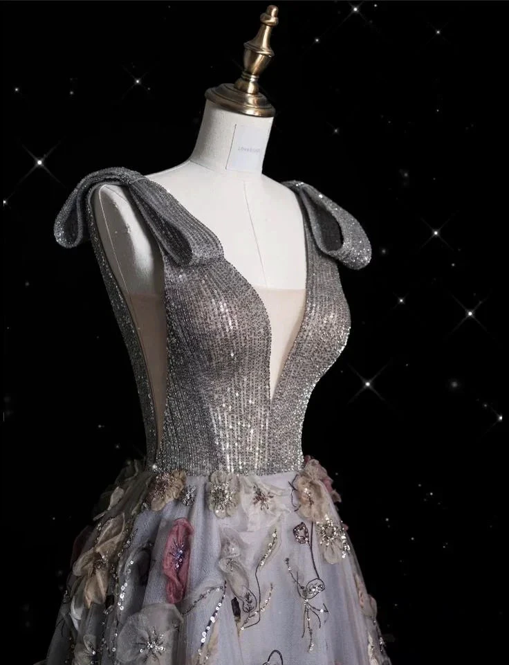 Charming V Neckline Gray Tulle Floral Ball Gown Long Evening Gown Prom Dress Y7953 by simplepromdress