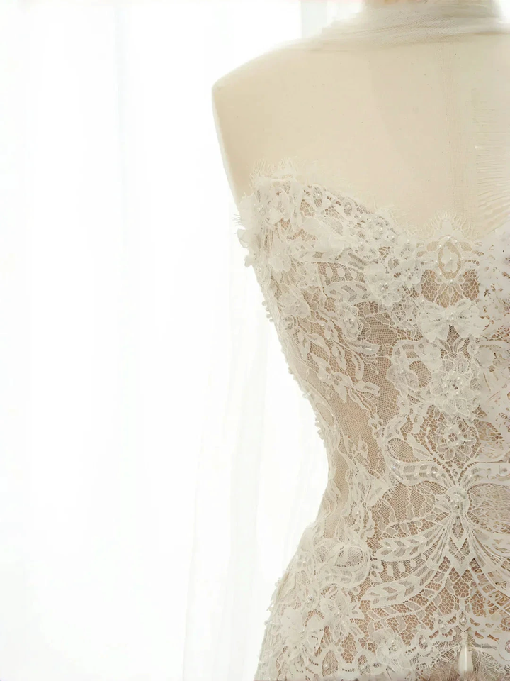 Pretty Strapless Tulle Lace Long A Line Wedding Dress,Formal Prom Evening Dress Y8686 by simplepromdress