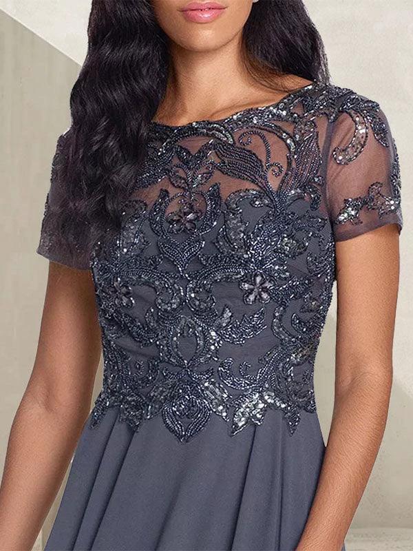 Charcoal Grey A-Line Scoop Long Mother of the Bride Dress With Beadings by Dreamylily