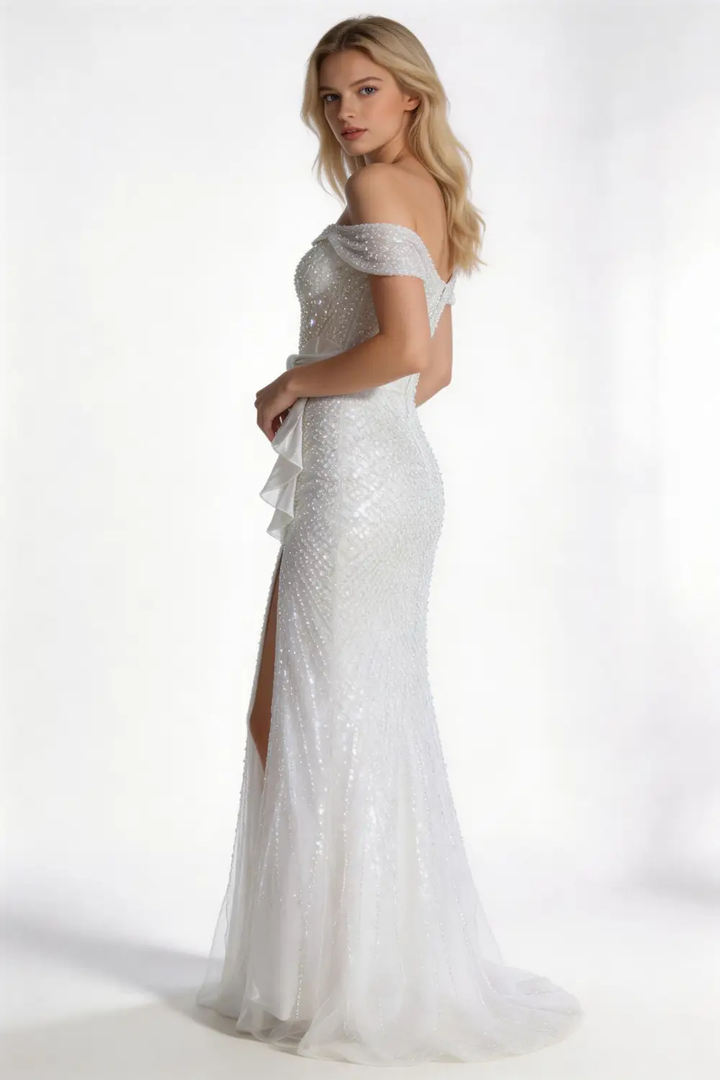 Off-the-Shoulder Sequin Mermaid Formal Gown with High Slit &amp; Ruffle Detail by tangjianjun