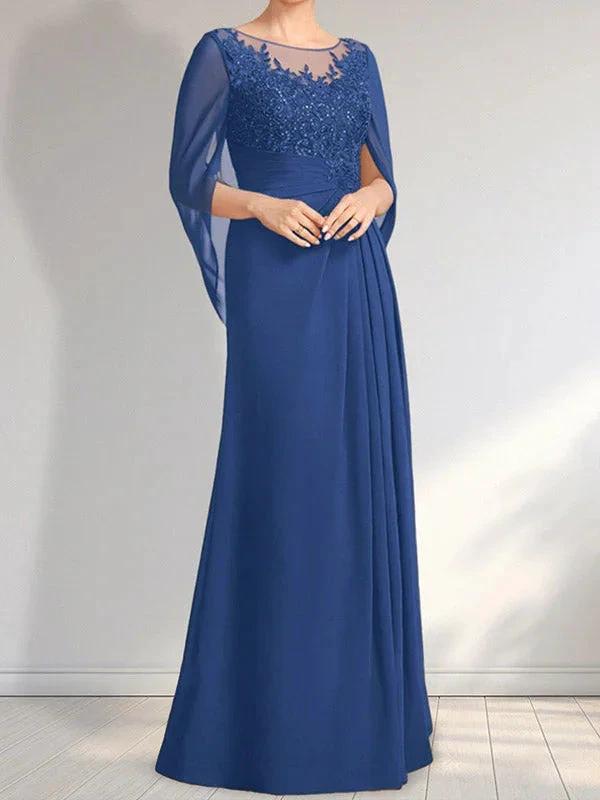 A-line Scoop Illusion Floor-Length Lace Chiffon Mother of the Bride Dress With Pleated Sequins by Dreamylily