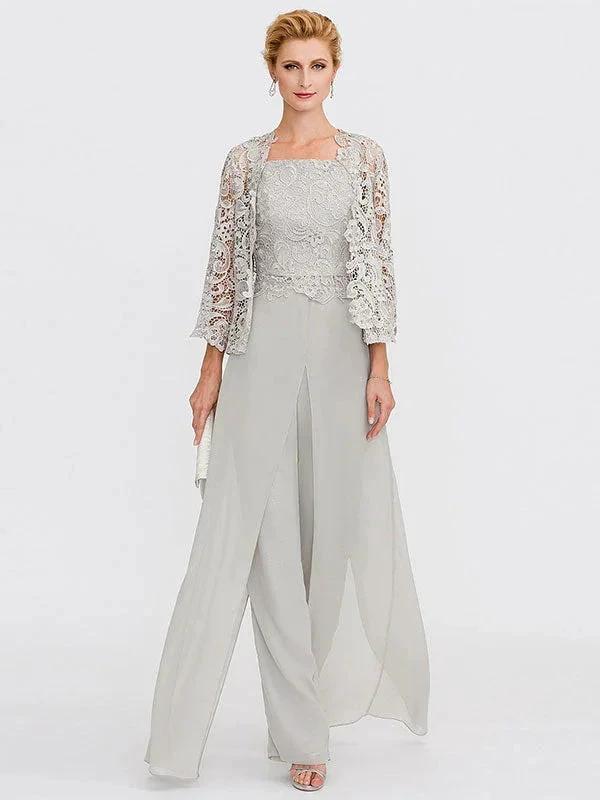 3 Piece Chiffon Square Neck Mother of the Bride Pantsuits with Jacket by Dreamylily