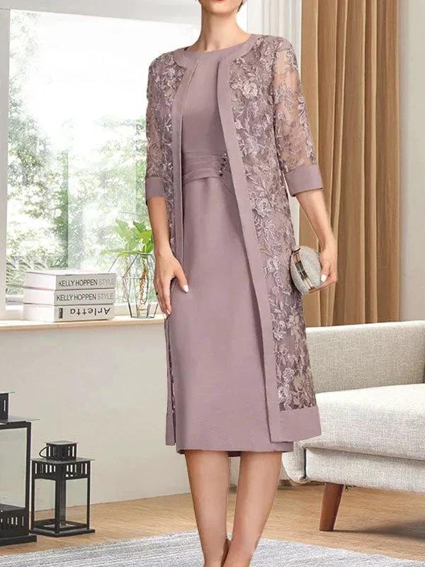Sheath/Column Scoop Knee-Length Chiffon Mother of the Bride Dress With Pleated Sequins by Dreamylily