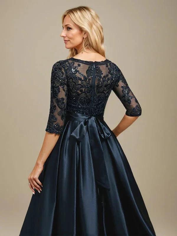 A-line Scoop Illusion Floor-Length Stretch Satin Lace Mother of the Bride Dress With Bow Sequins by Dreamylily