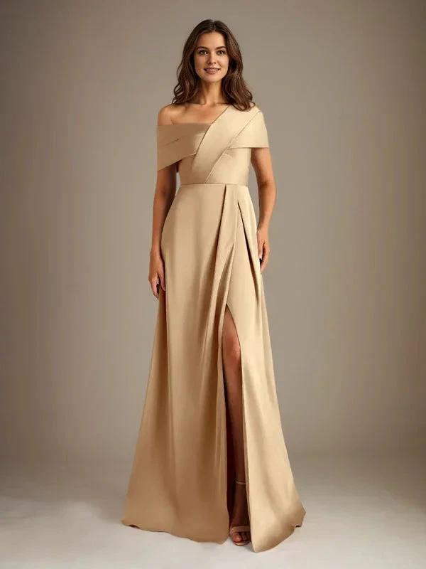 A-Line Asymmetrical Neckline Floor-Length Satin Mother of the Bride Dress With Pleated by Dreamylily