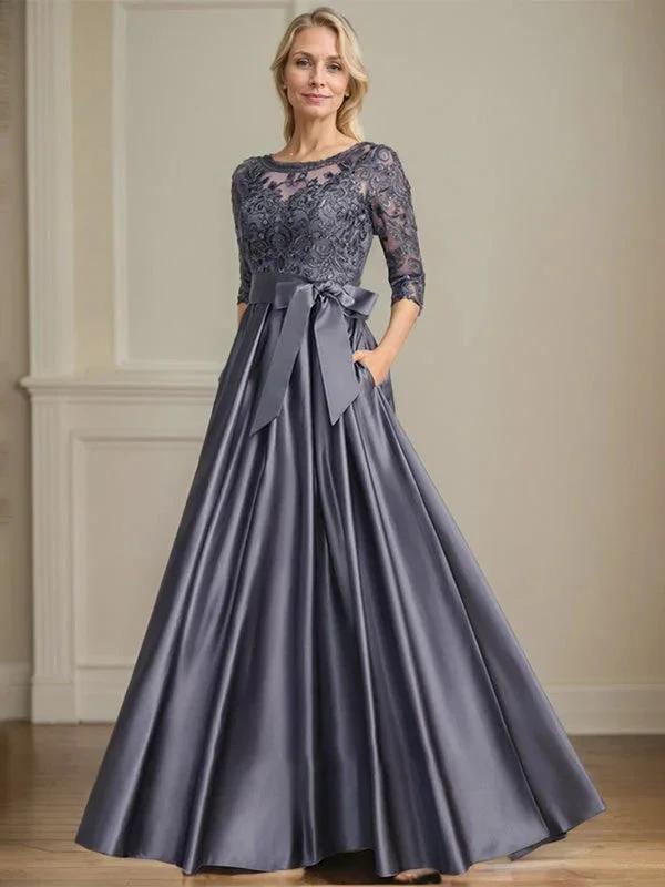 A-line Scoop Illusion Floor-Length Satin Lace Mother of the Bride Dress With Sequins Bow by Dreamylily