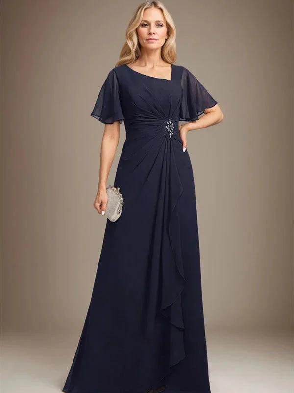 A-Linie, asymmetrisch, bodenlang, Chiffon, Kleid für die Brautmutter mit plissierten Perlen und Pailletten