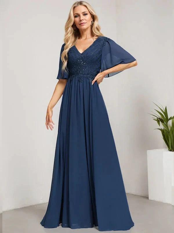 A-line V-Neck Floor-Length Lace Chiffon Mother of the Bride Dress With Sequins by Dreamylily