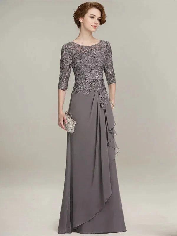 A-line Scoop Illusion Floor-Length Lace Chiffon Mother of the Bride Dress With Cascading Ruffles by Dreamylily