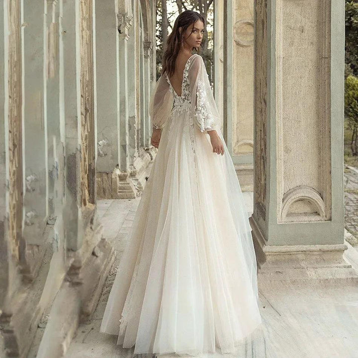 Elegant A-Line Wedding Dress Puff Sleeve Romantic Bridal Backless Beaded Appliques V-Neck Bride Dresses Vestido Noiva by payinti