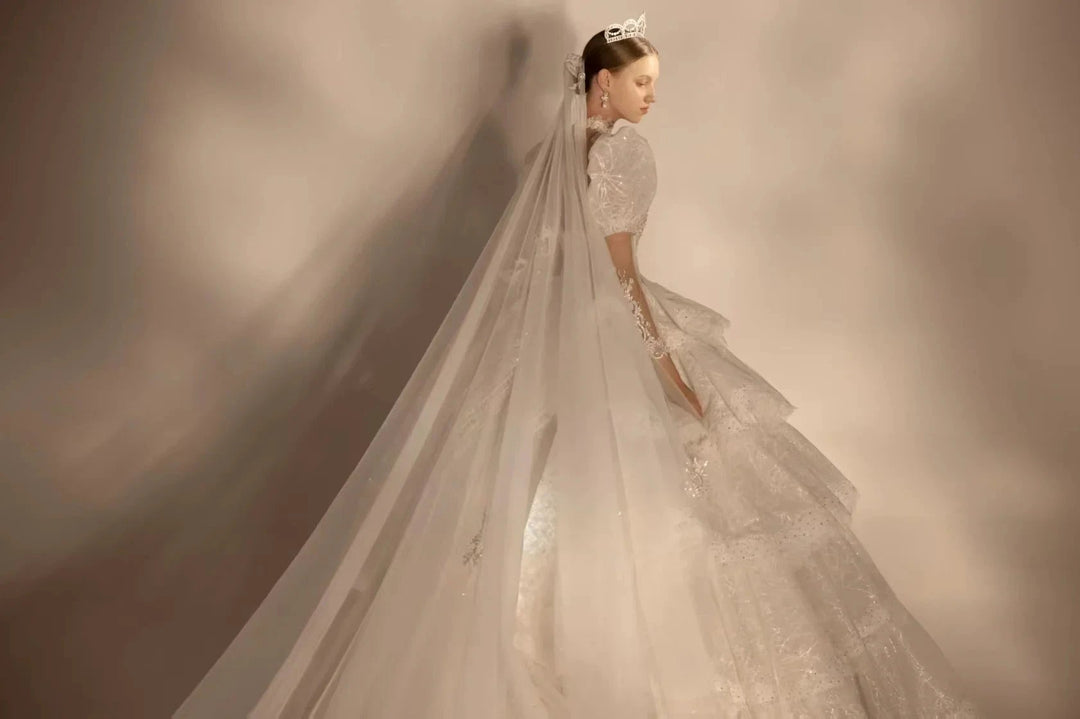 Regal High Neck Puff Sleeve Tulle Wedding Dress with Sequin Embroidery &amp; Layered Ruffle Train Q6020 by ZAPDRESS