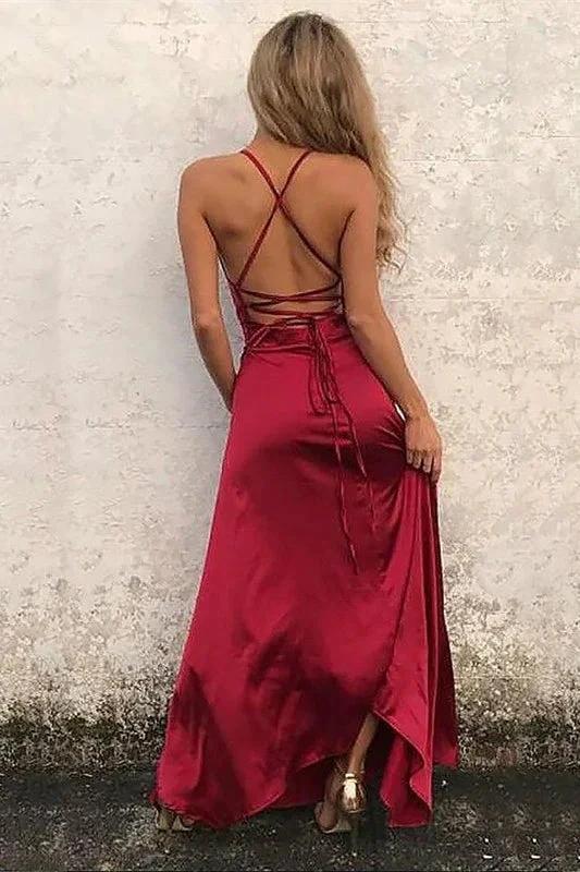 Backless Spaghetti Straps Halter Prom Gown with Daring Slit by BIZTUNNEL