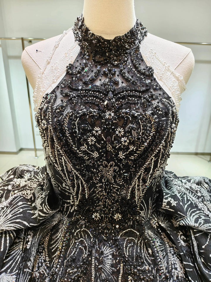 Dramatic Black Halter-Neck Ball Gown Wedding Dress with Firework Sequin Embroidery &amp; Beaded Tassels Ye-2035 by ZAPDRESS
