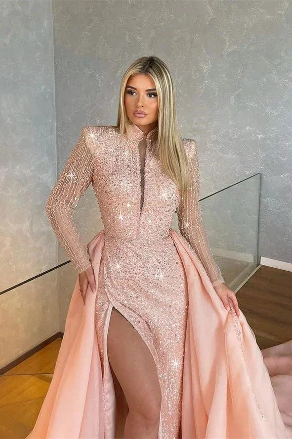 Long Sleeves Mermaid High Neck Sequins Prom Dresses with Slit by BIZTUNNEL