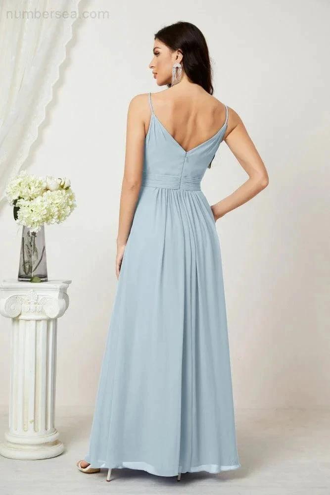 Numbersea Chiffon V-Neck Bridesmaid Dress Spaghetti Strap Long Formal Party Prom Gowns with Slit 28010 by numbersea