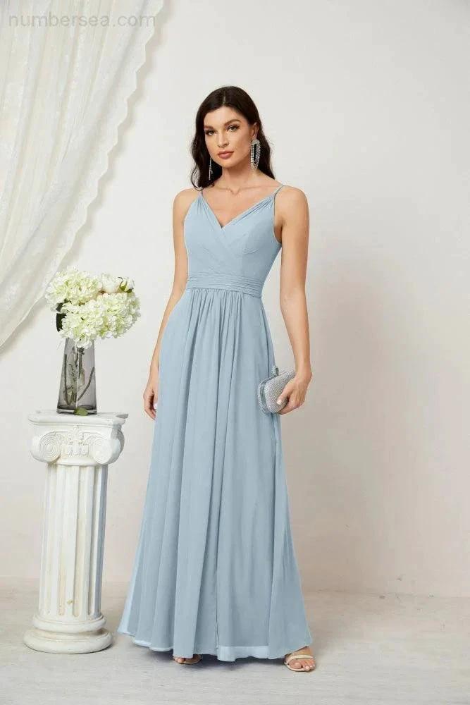 Numbersea Chiffon V-Neck Bridesmaid Dress Spaghetti Strap Long Formal Party Prom Gowns with Slit 28010 by numbersea
