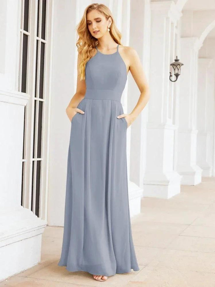 Numbersea Halter Bridesmaid Dresses with Pockets Sleeveless Formal Evening Party Prom Gowns 28055 by numbersea