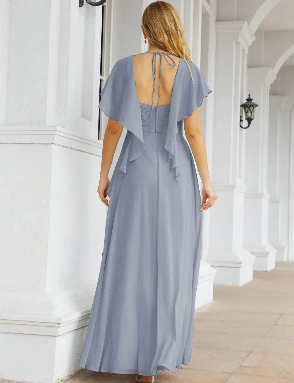 Numbersea Chiffon Bridesmaid Dresses Long Formal Evening Prom Mother of The Bride Dress with Flutter Sleeve SEA28040 by numbersea