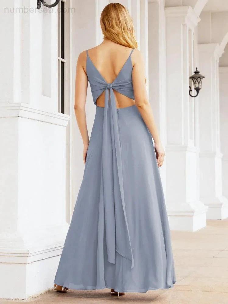 Numbersea Spaghetti Strap Bridesmaid Dresses V Neck Butterfly Back Fromal Evening Party Prom Gown 28036 by numbersea