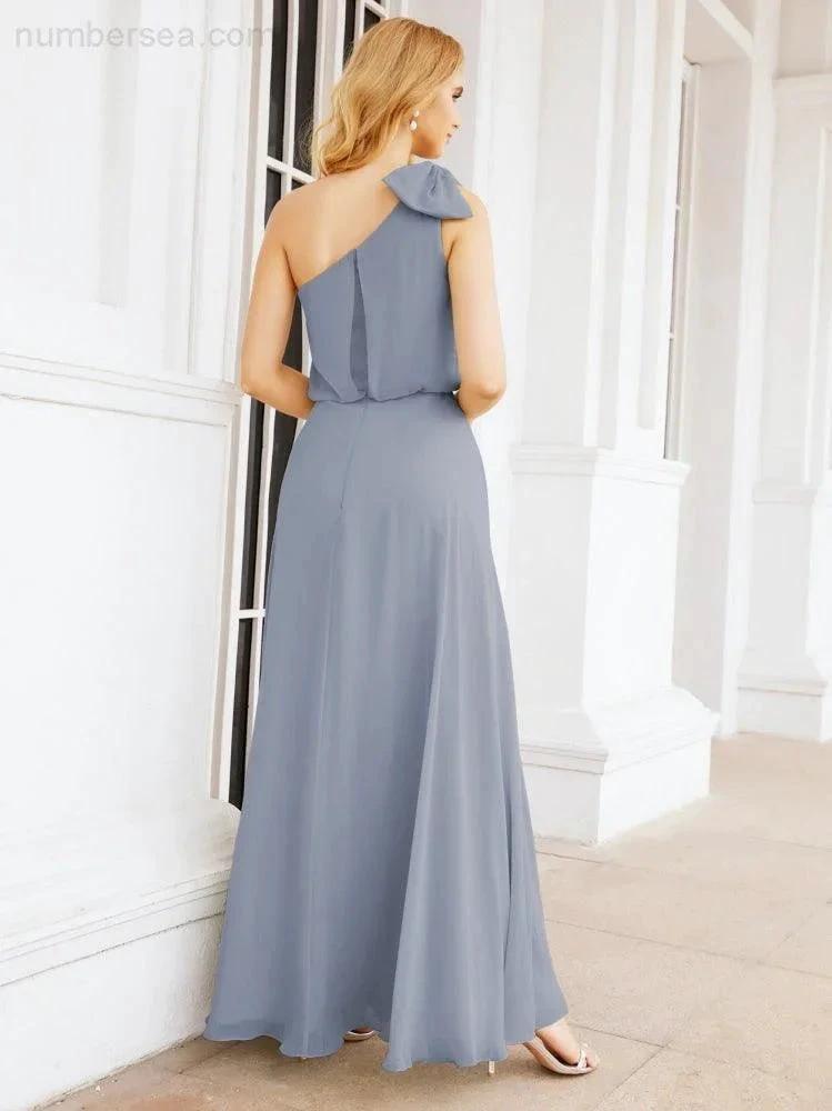 Numbersea Chiffon Ruffled One Shoulder Sleeveless Long Bride Dresses A-line Formal Evening Gown Side Split 28057 by numbersea
