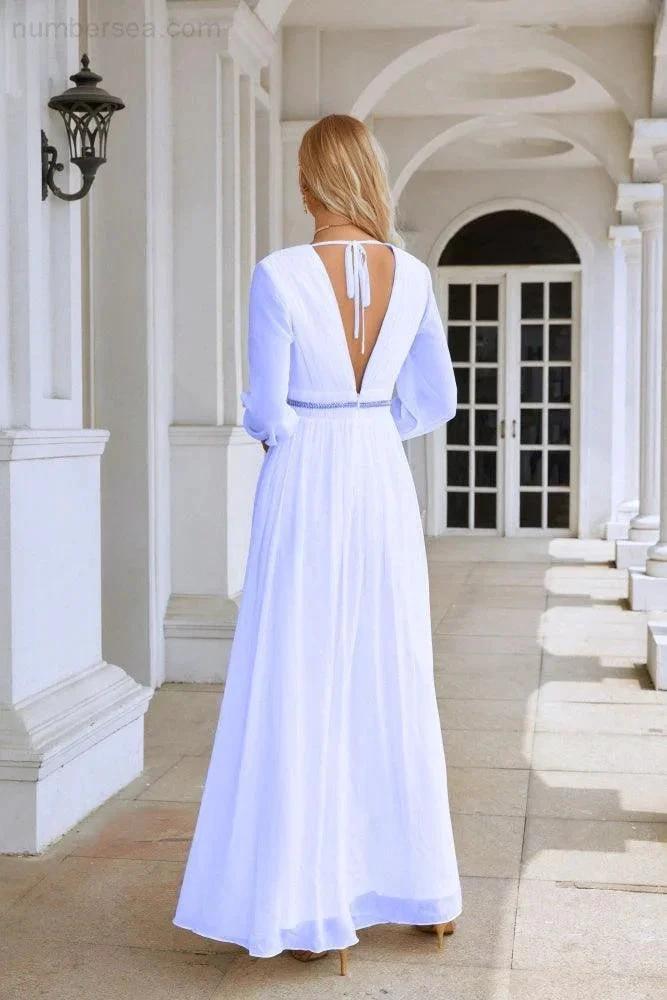 Ladies V Neck Chiffon Long Sleeve Front Slit Bridesmaid Evening Dress Wedding Party Shopping Evening Dress 28109 by numbersea